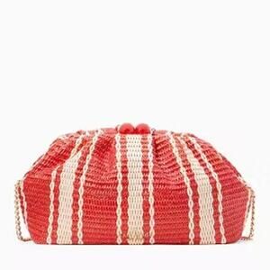 Kate Spade New Scrunchy Convertible Clutch Red Tan Wicker Rattan Striped Summer